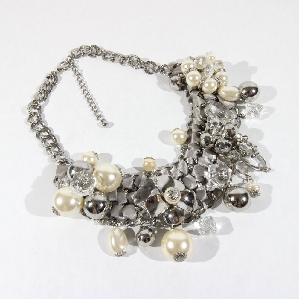 Chico's Silver Tone and Grey Fabric, Faux Pearls and Rhinestones Necklace - Picture 9 of 10
